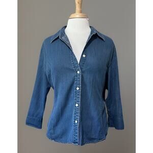 Talbots Chambray Denim 3/4 Sleeve Button-Up Shirt XL Vintage Everyday Cotton